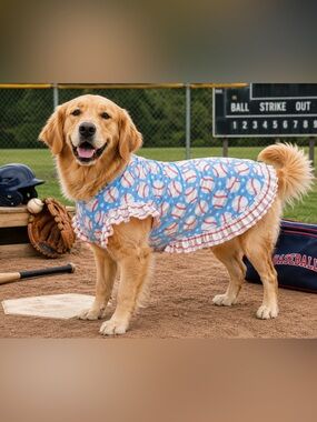 Griffy & Drake Blue Baseball-Print Dog Dress with Red Ruffle Trim XL 25-45 lbs